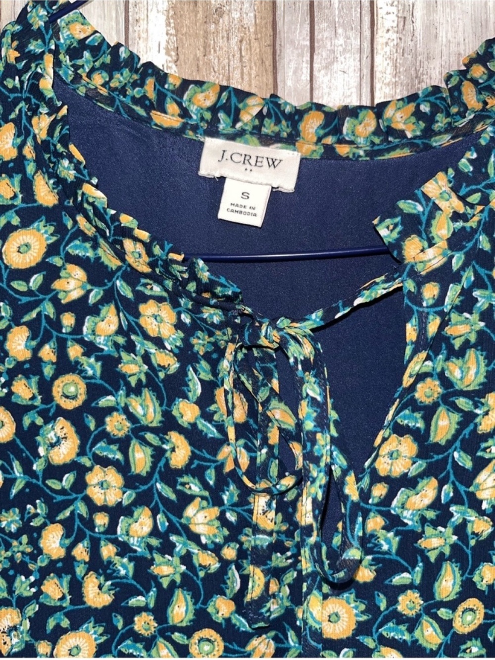 J.Crew Floral Ruffle Neck Blouse Small Blue Yellow Short Sleeve Top - Picture 5 of 7
